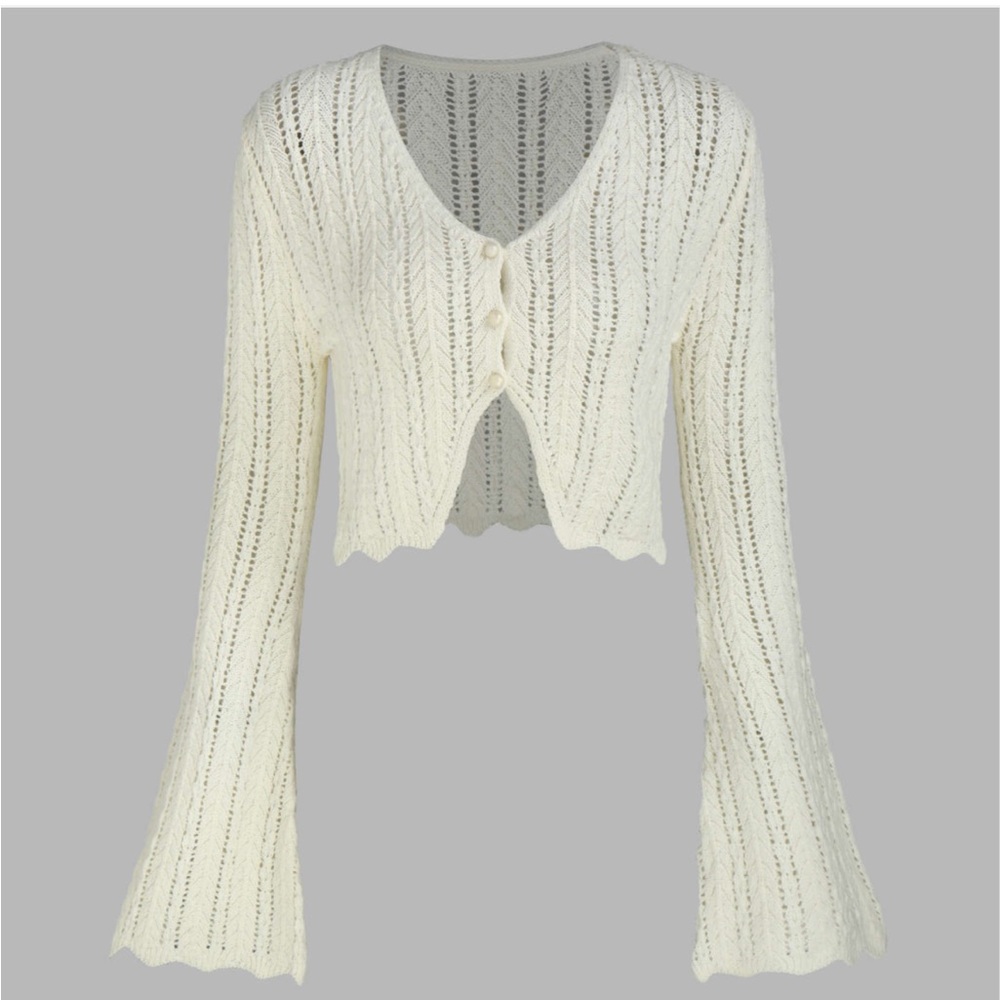 Cider Wave Trim Bell Sleeve Cardigan White Knit Button Front Cropped